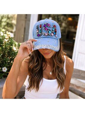 USA Dopamine Rhinestone Baseball Cap Denim Patriotic Glam Hat America 250 Festiv